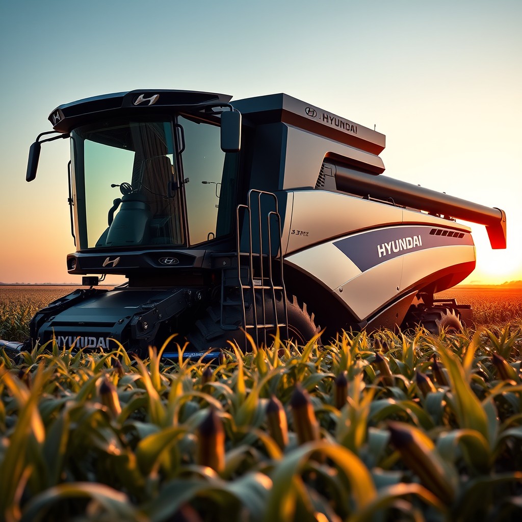 A realistic and modern agricultural combine harvester with an exclusive design by Hyundai