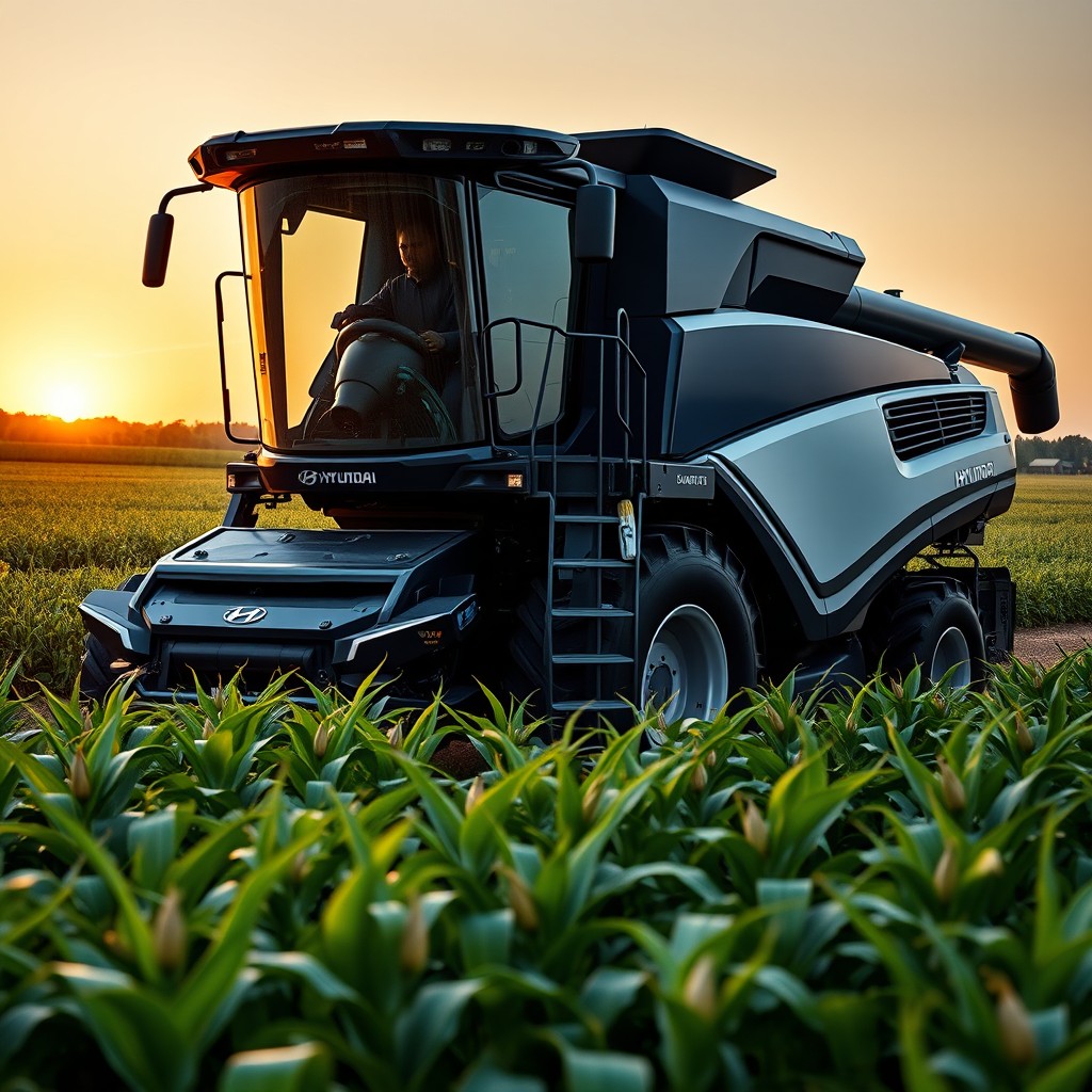 A realistic and modern agricultural combine harvester with an exclusive design by Hyundai