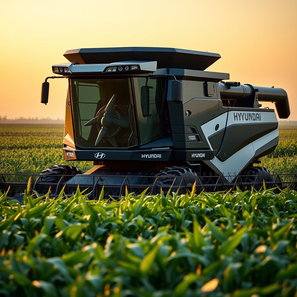 A realistic and modern agricultural combine harvester with an exclusive design by Hyundai