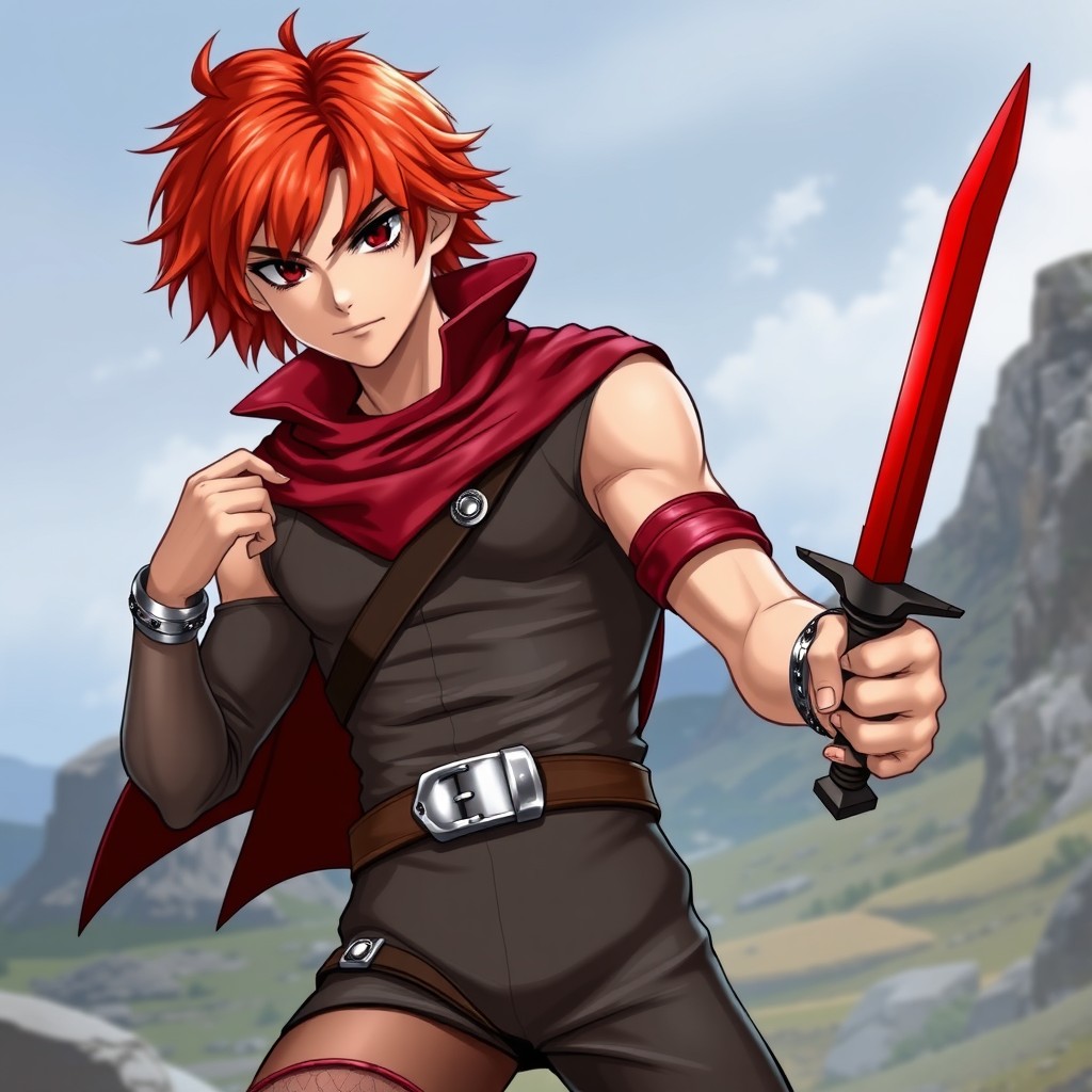 A character with short, vibrant red hair that has a slight orange glimmer, and striking black eyes
