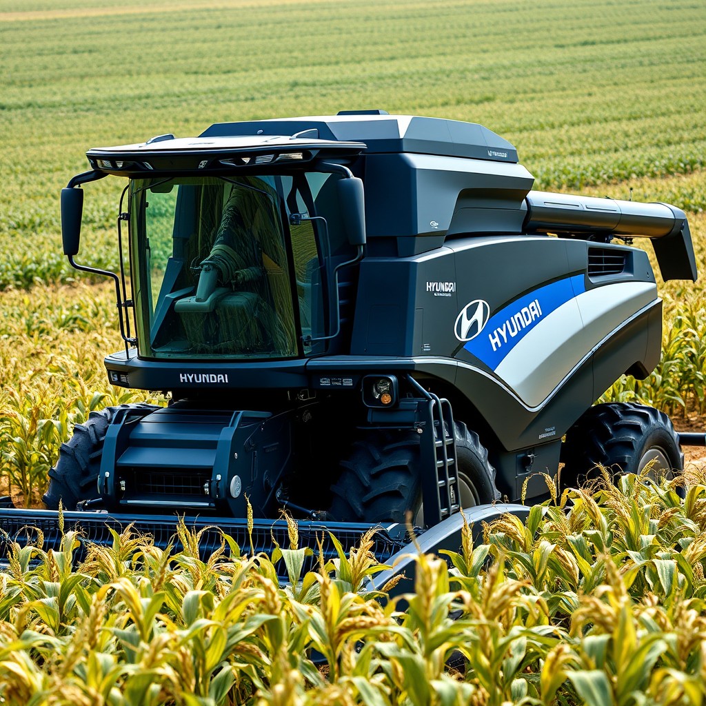 A realistic and modern agricultural combine harvester with an exclusive design by Hyundai