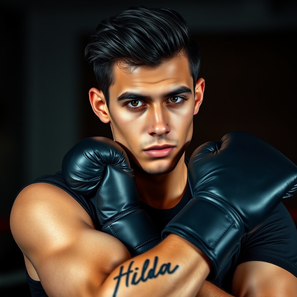 A 20-year-old attractive young man with olive skin and hazel eyes, featuring a stylish hairstyle with black hair slicked back