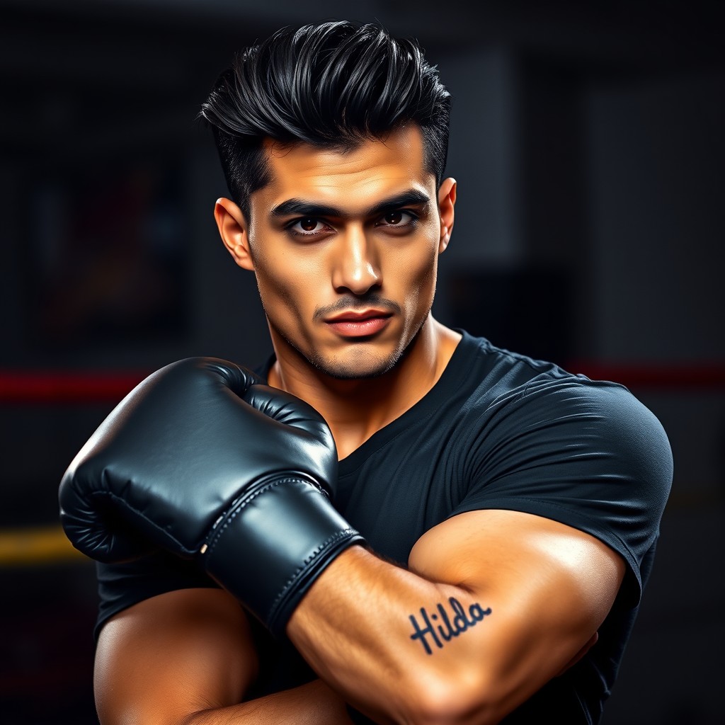 A 20-year-old handsome man with olive skin, featuring dark, sultry eyes and slicked-back black hair