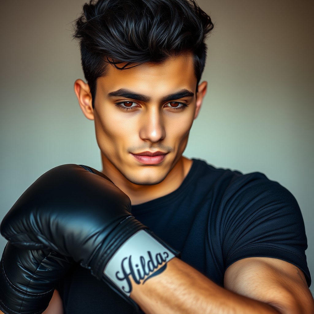 A handsome 20-year-old male with a clean-shaven, olive skin tone and striking features