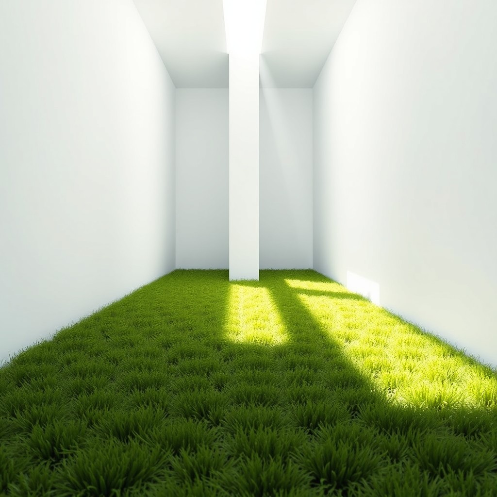 A real photograph depicting a white hallway with a grass floor, featuring a square pillar