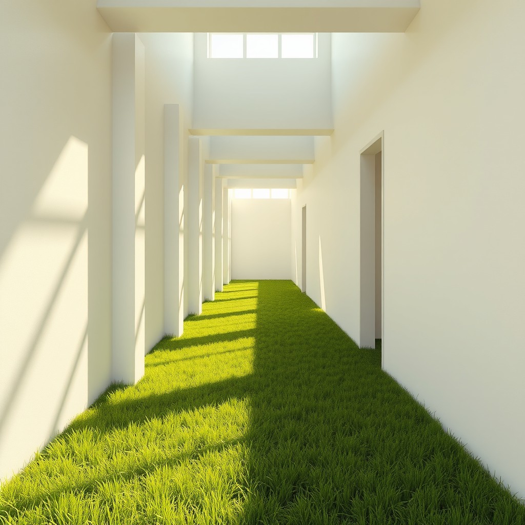 A surreal, real photograph capturing a white hallway with an ethereal quality