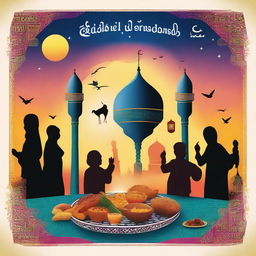 A vibrant digital art image showcasing various elements associated with Eid al-Fitr