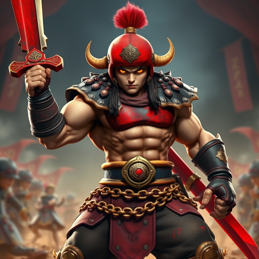 A powerful warrior character with a fierce presence, wearing a vibrant red boxing hat