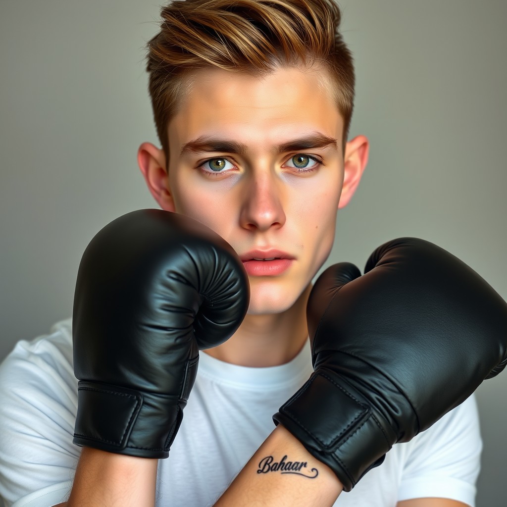 A 20-year-old attractive young man with neatly shaped eyebrows featuring a clean look, pale skin, and droopy green eyes