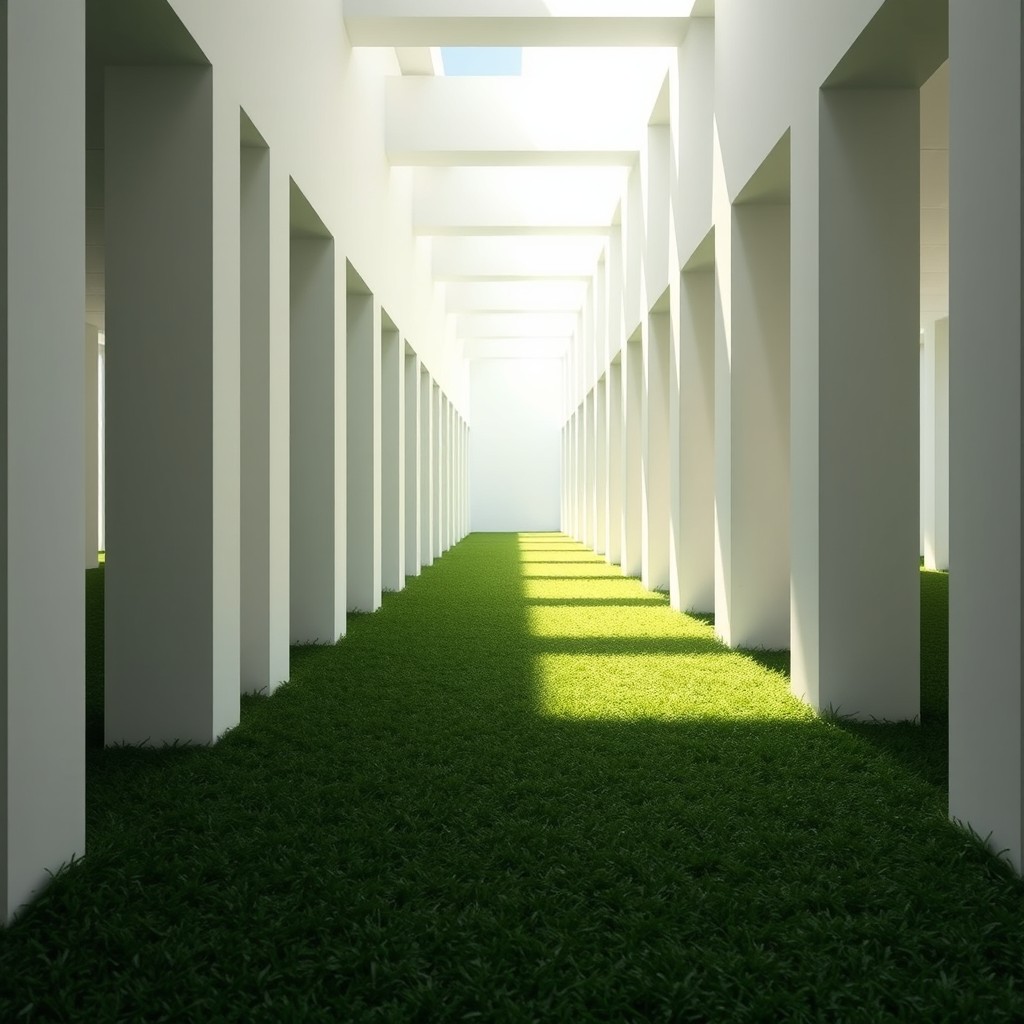 A real photograph of a white hallway featuring grass flooring, with square pillars lining the sides