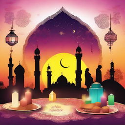 A vibrant digital art image showcasing various elements associated with Eid al-Fitr