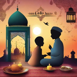 A vibrant digital art image showcasing various elements associated with Eid al-Fitr