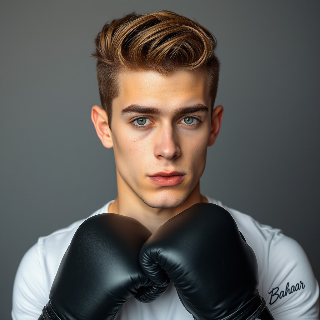 A 20-year-old attractive young man with neatly shaped eyebrows featuring a clean look, pale skin, and a hint of brown stubble on his face