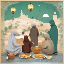 A high-quality digital art image encapsulating the spirit of Eid al-Fitr within a Palestinian context