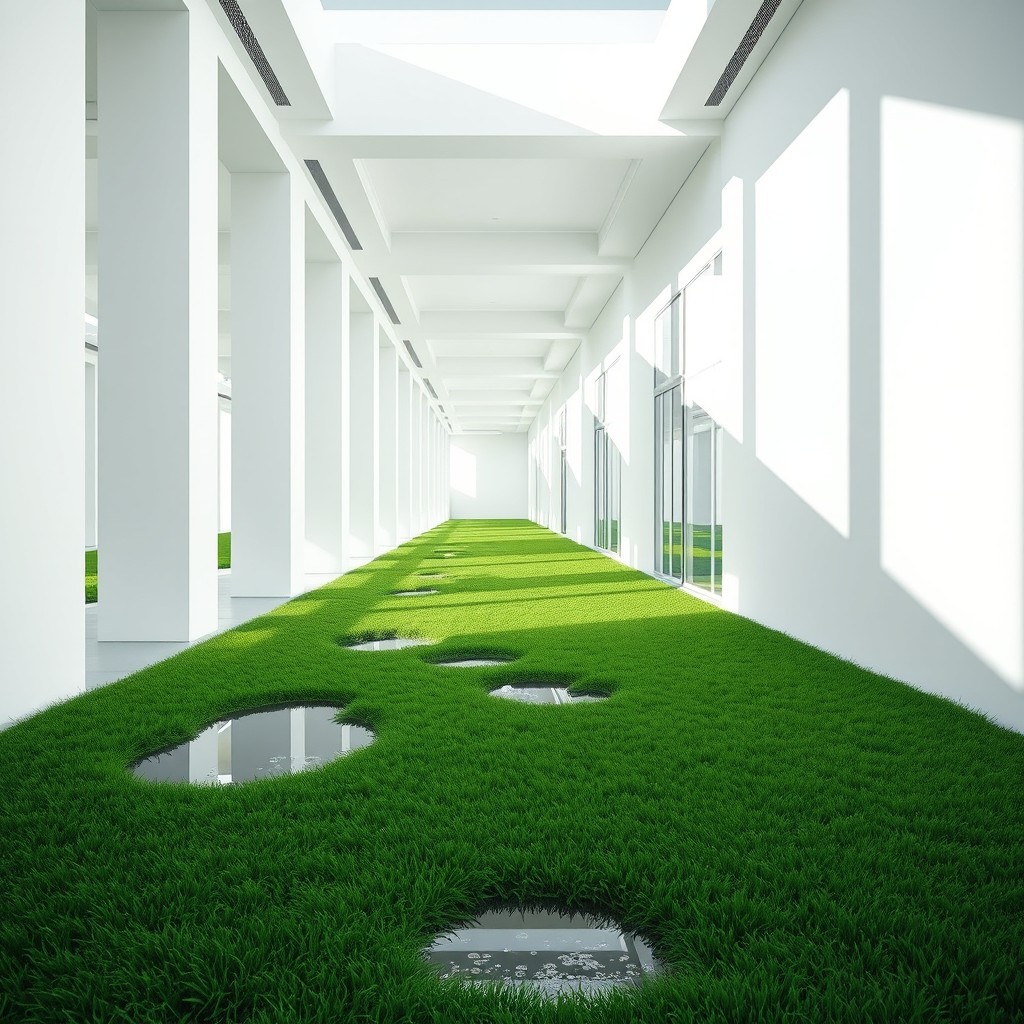A surreal and dreamlike white hallway featuring a unique grass floor that creates a striking contrast against the pristine white walls
