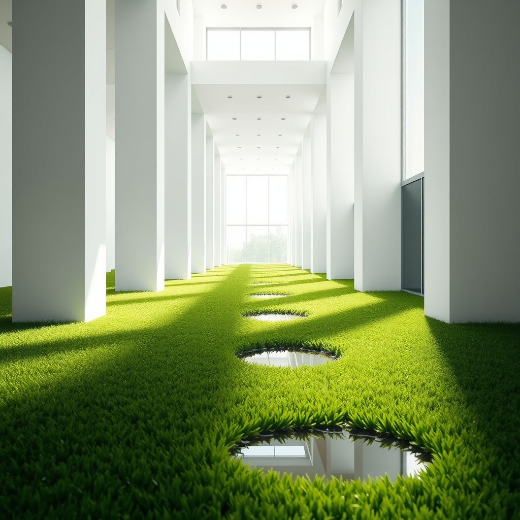 A serene, white hallway with a grass floor, featuring square pillars that create a modern architectural design