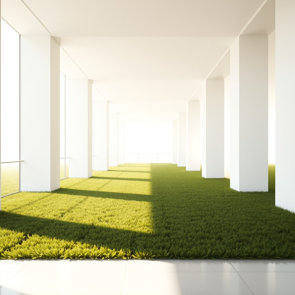 A surreal photograph of a spacious white hallway featuring grass-covered flooring and square pillars