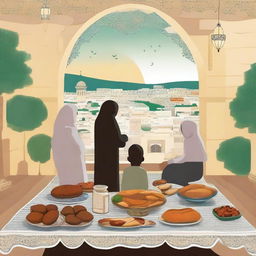 A high-quality digital art image encapsulating the spirit of Eid al-Fitr within a Palestinian context