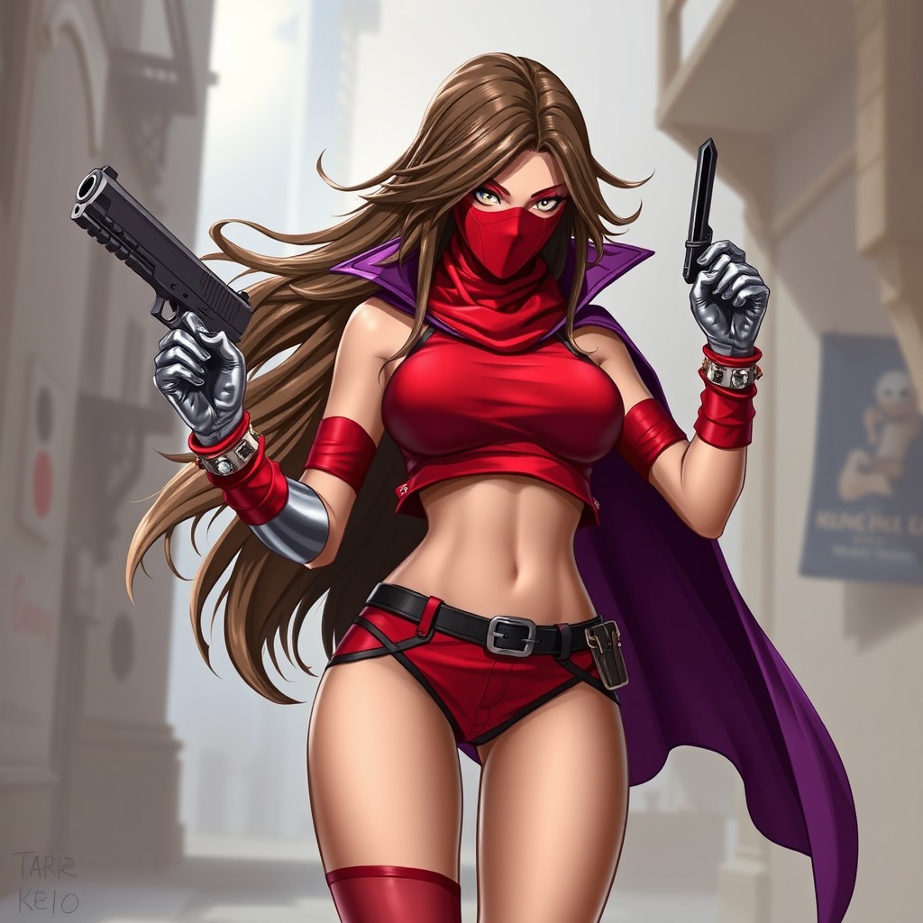 A fierce female character with long brown hair flowing freely, wearing a striking red mask that covers her eyes