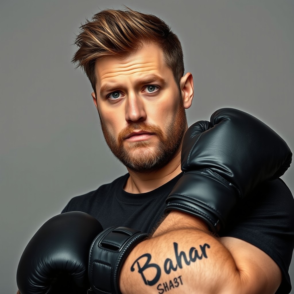 A 35-year-old man with a rugged expression, pale skin, and a light brown stubble beard