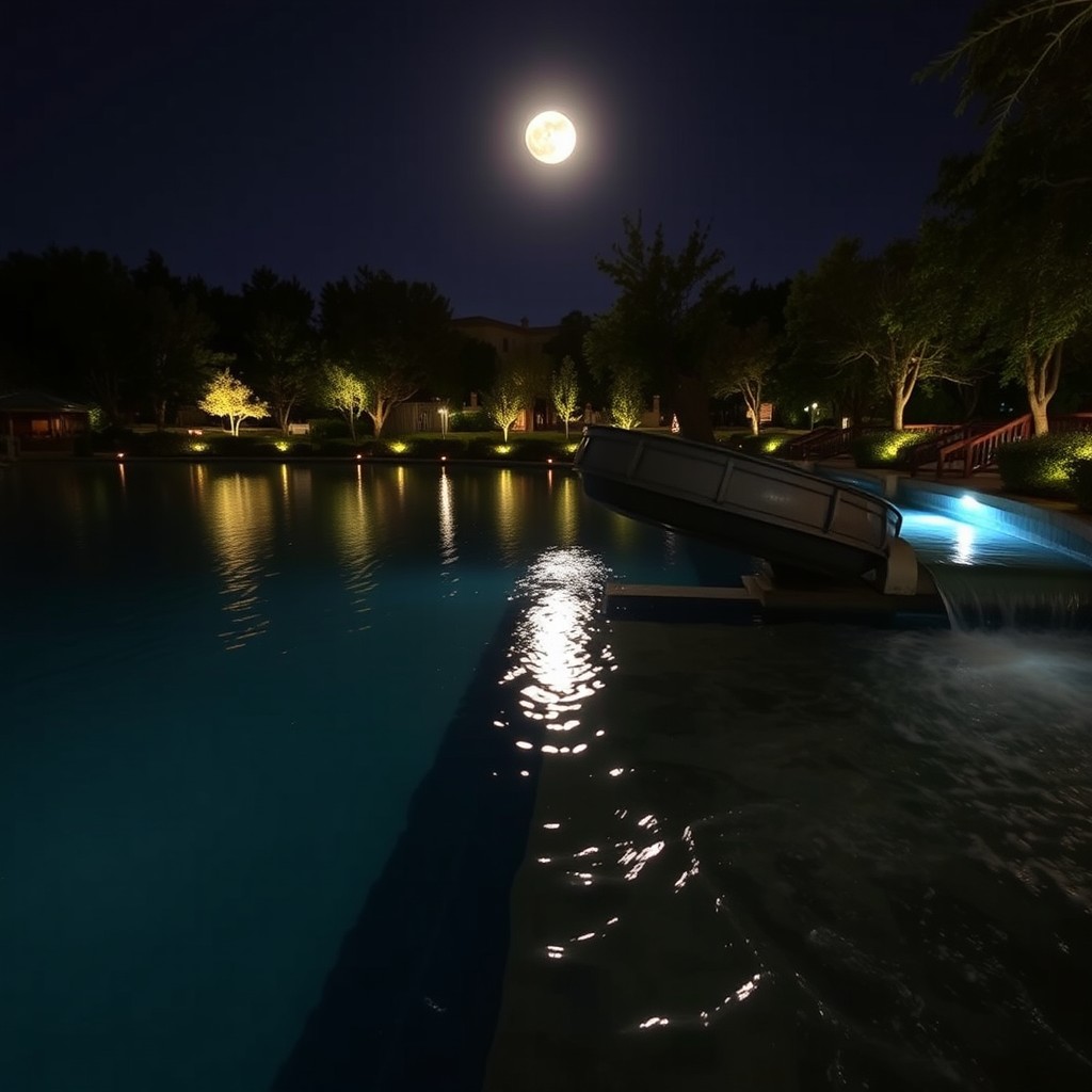 A tranquil night scene featuring a glistening watercourse with a winding water slide that flows smoothly into the water below