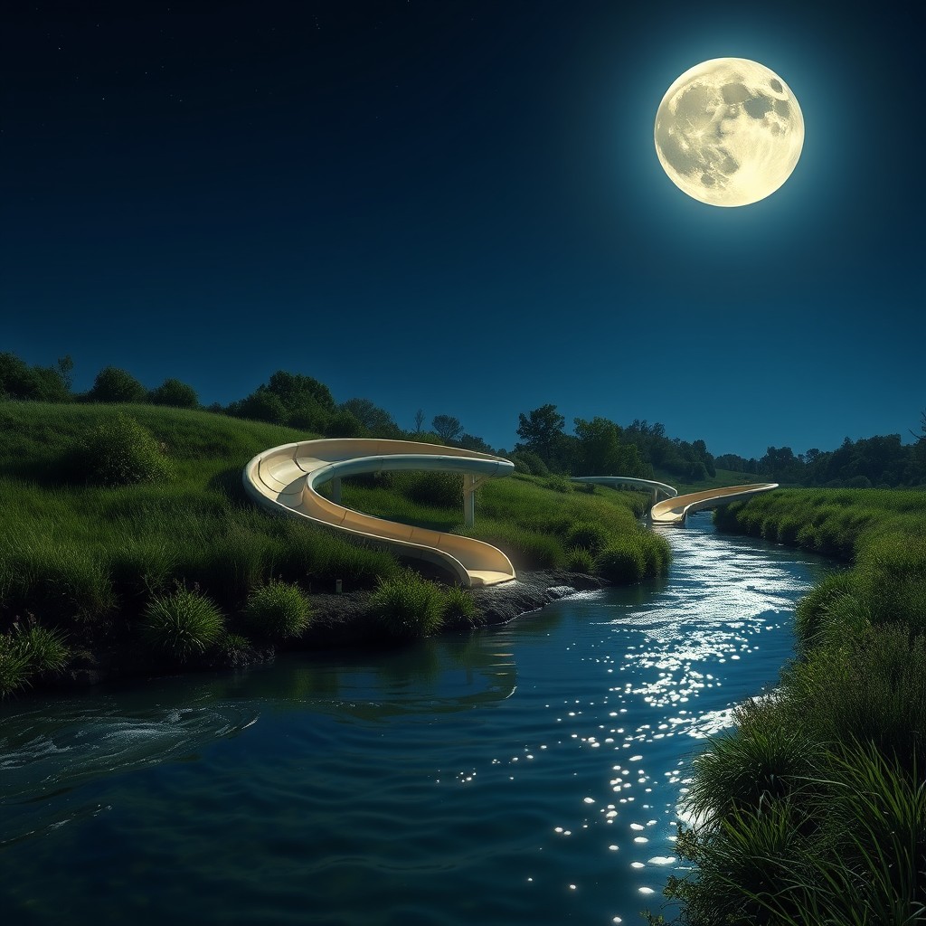 A serene night scene featuring a gently flowing watercourse meandering through a lush landscape, with a whimsical water slide curving gracefully along the bank