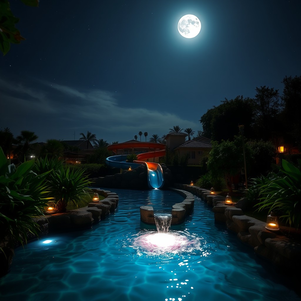 A serene night scene featuring a watercourse with a vibrant water slide gracefully winding down into the water