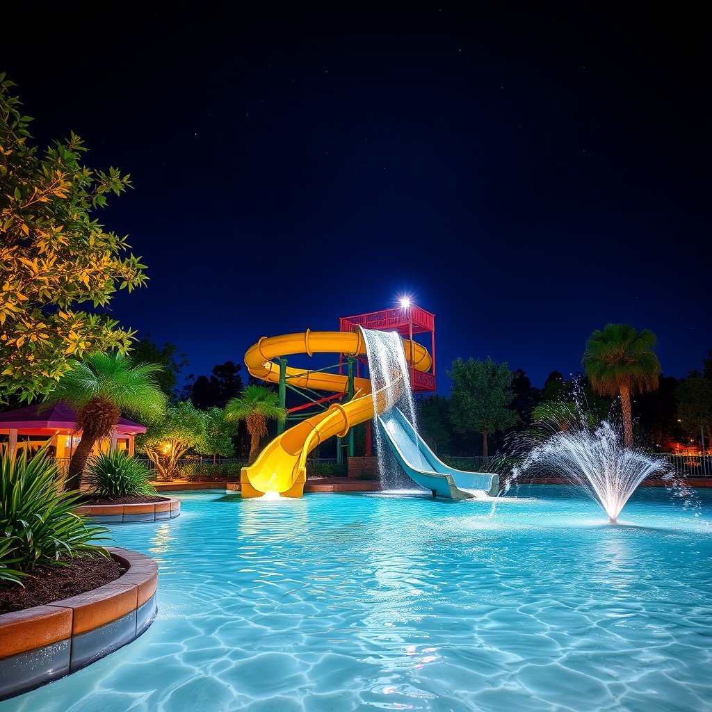 A vibrant night scene featuring a fun watercourse with a large, twisting water slide that glistens under the spotlight