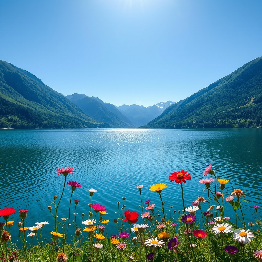 A beautiful scenic landscape depicting a serene lake surrounded by lush green mountains under a clear blue sky