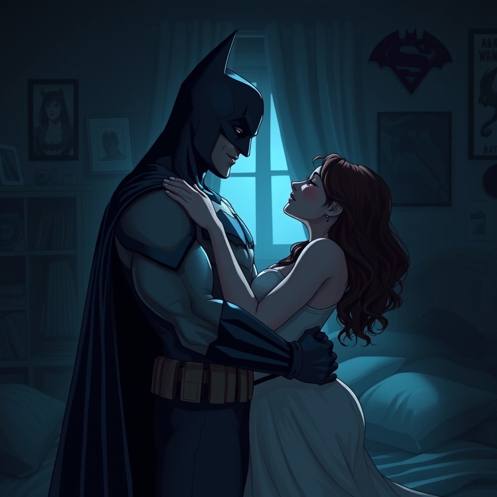 A romantic and intimate scene featuring Batman and his love interest in a dimly lit bedroom