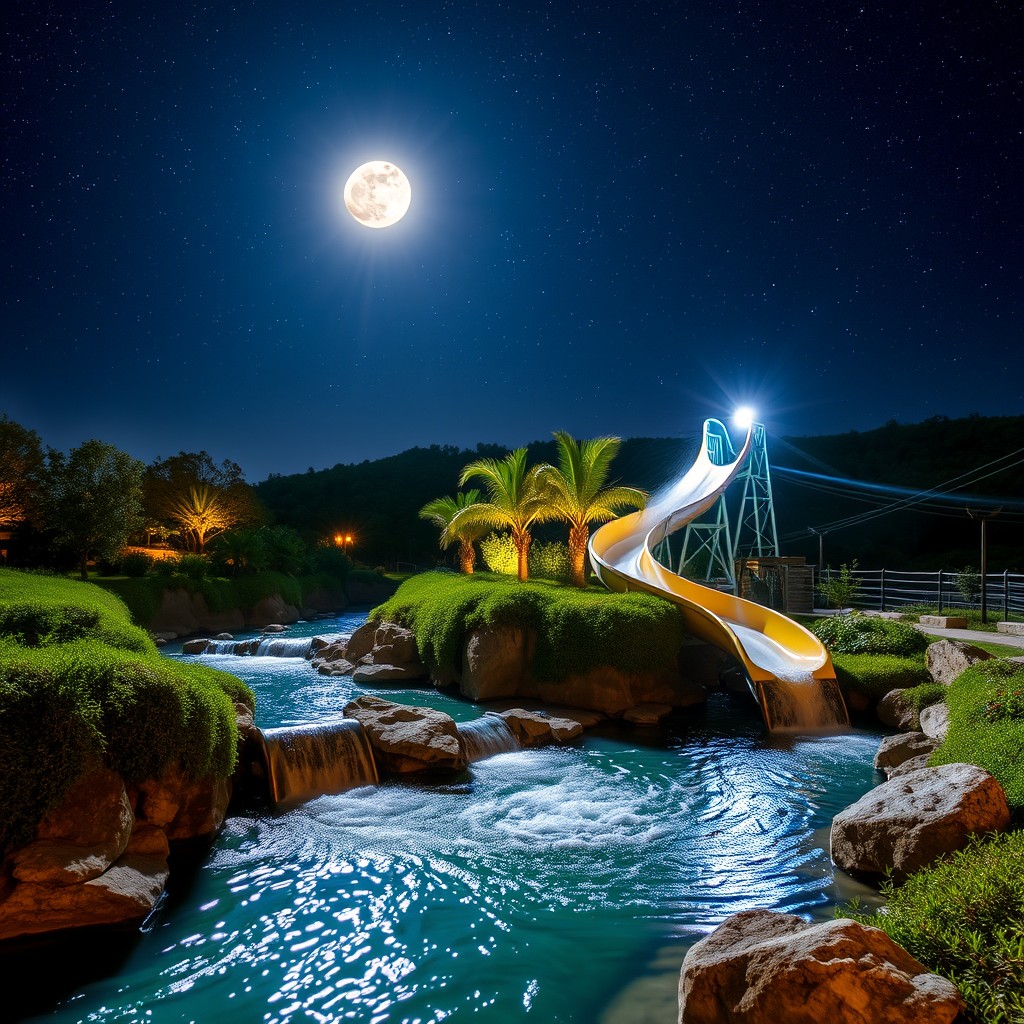 A vibrant night scene featuring a picturesque watercourse with a thrilling water slide adjacent to it, illuminated by a dramatic spotlight