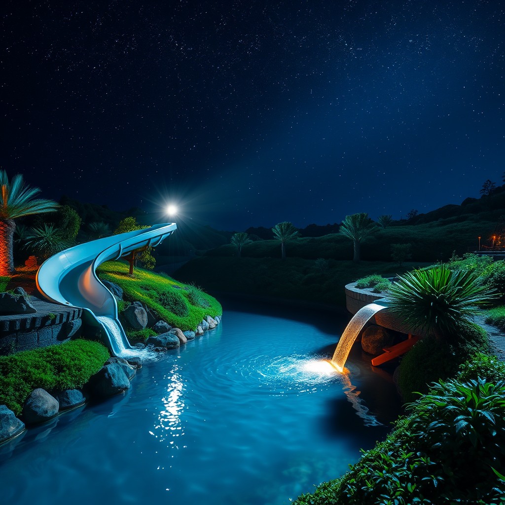 A serene night scene featuring a luxurious watercourse with a winding water slide