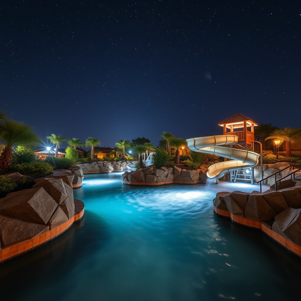 A captivating night scene featuring a watercourse flowing gently under a beautiful starry sky
