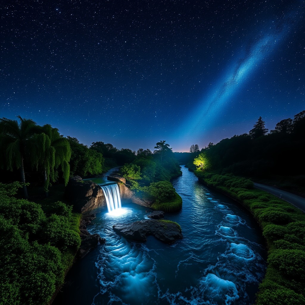 A stunning nighttime scene featuring a winding watercourse with an exciting water slide cascading through lush greenery