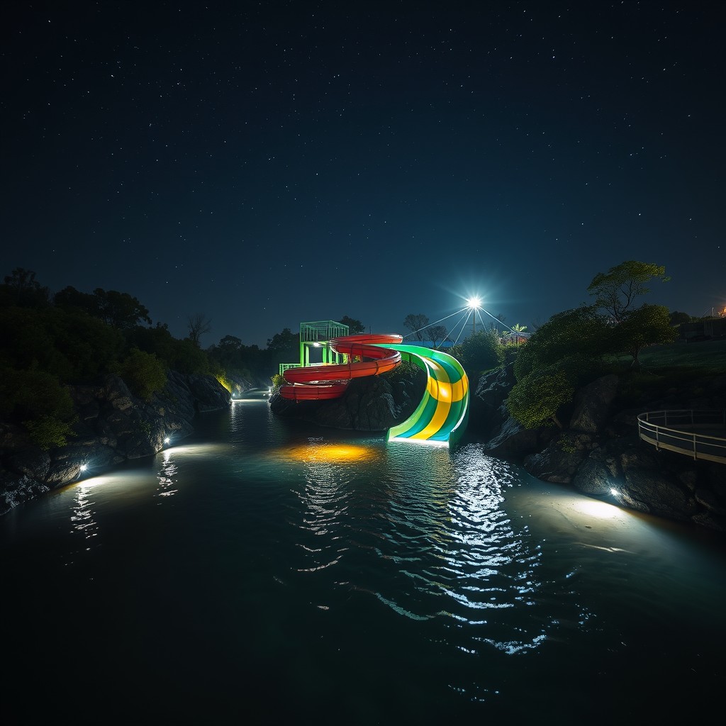 A captivating night scene featuring a winding watercourse with a vibrant water slide merging into it