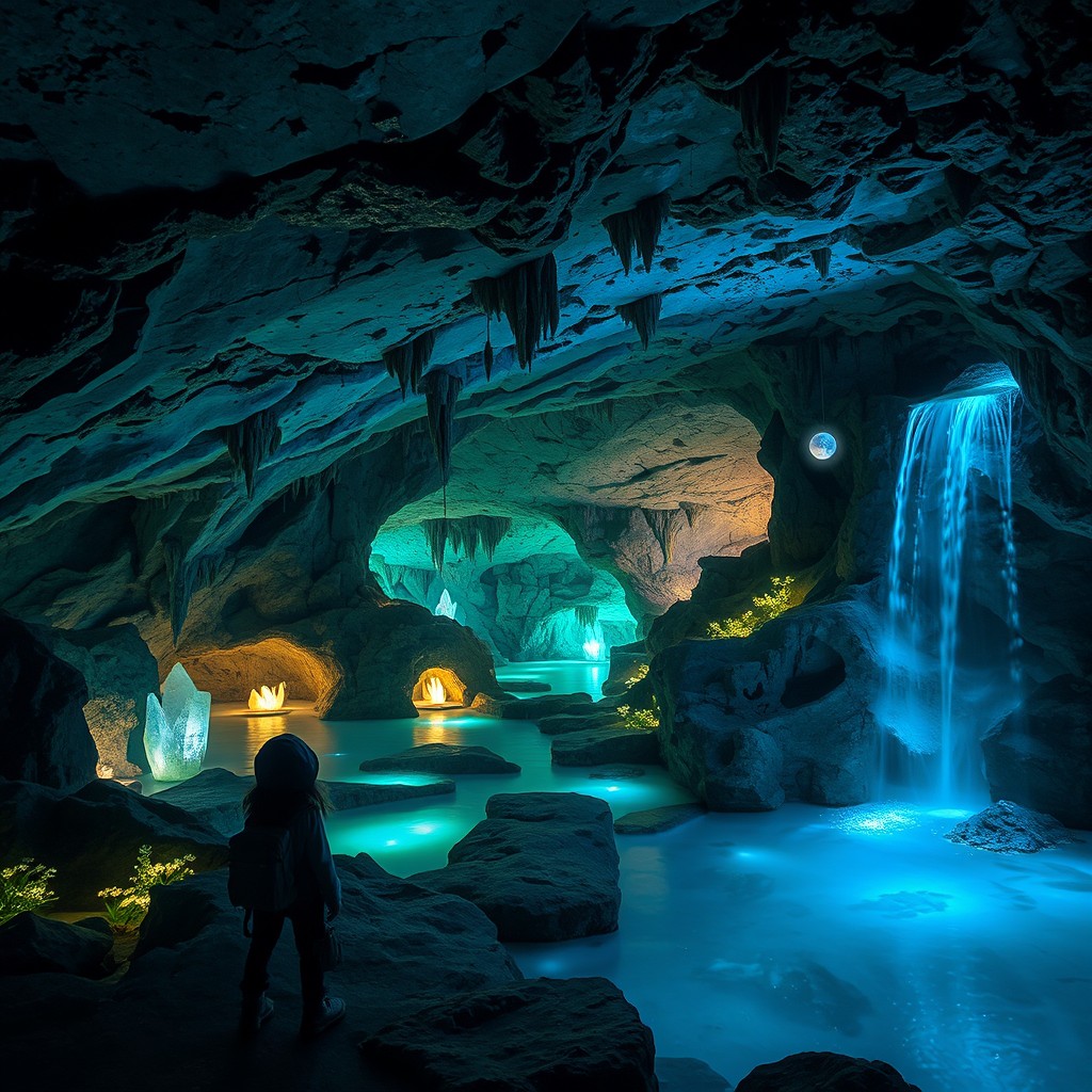A mystical cavern known as Grotte Hira, illuminated by ethereal bioluminescent plants and shimmering crystals