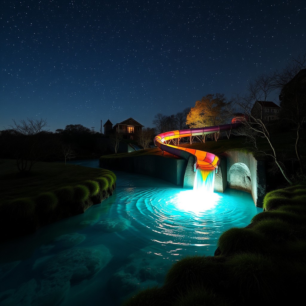 A surreal nighttime scene featuring a winding watercourse with a vibrant water slide cascading into it