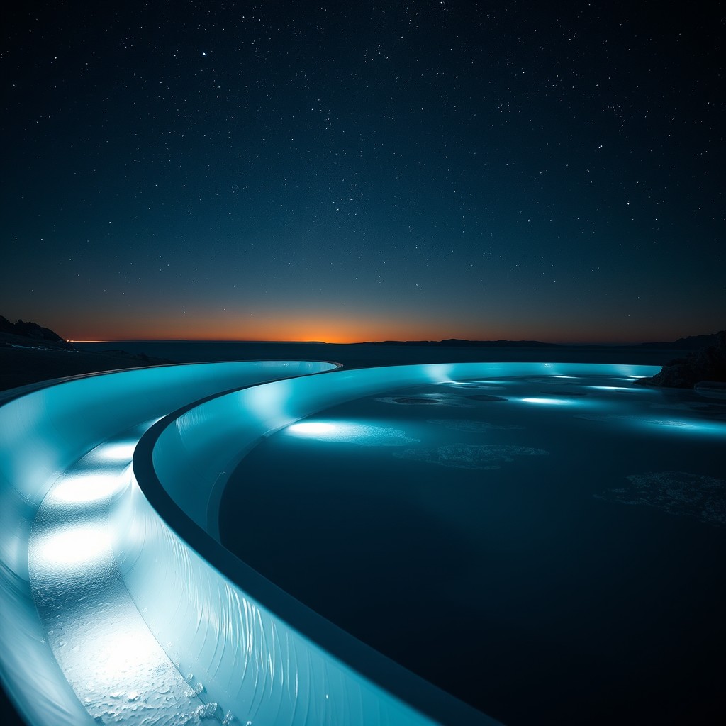 A serene night scene featuring a winding watercourse flowing through a luminous water slide