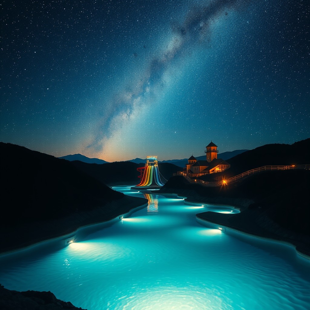 A serene night scene depicting a winding watercourse illuminated by a gentle spotlight, leading to a fun and colorful water slide