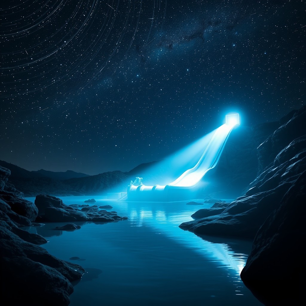 A captivating night scene featuring a tranquil watercourse and a thrilling water slide illuminated by a bright spotlight