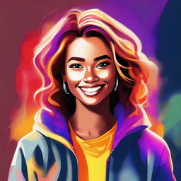 A digital art image of a confident young woman radiating warmth and positivity