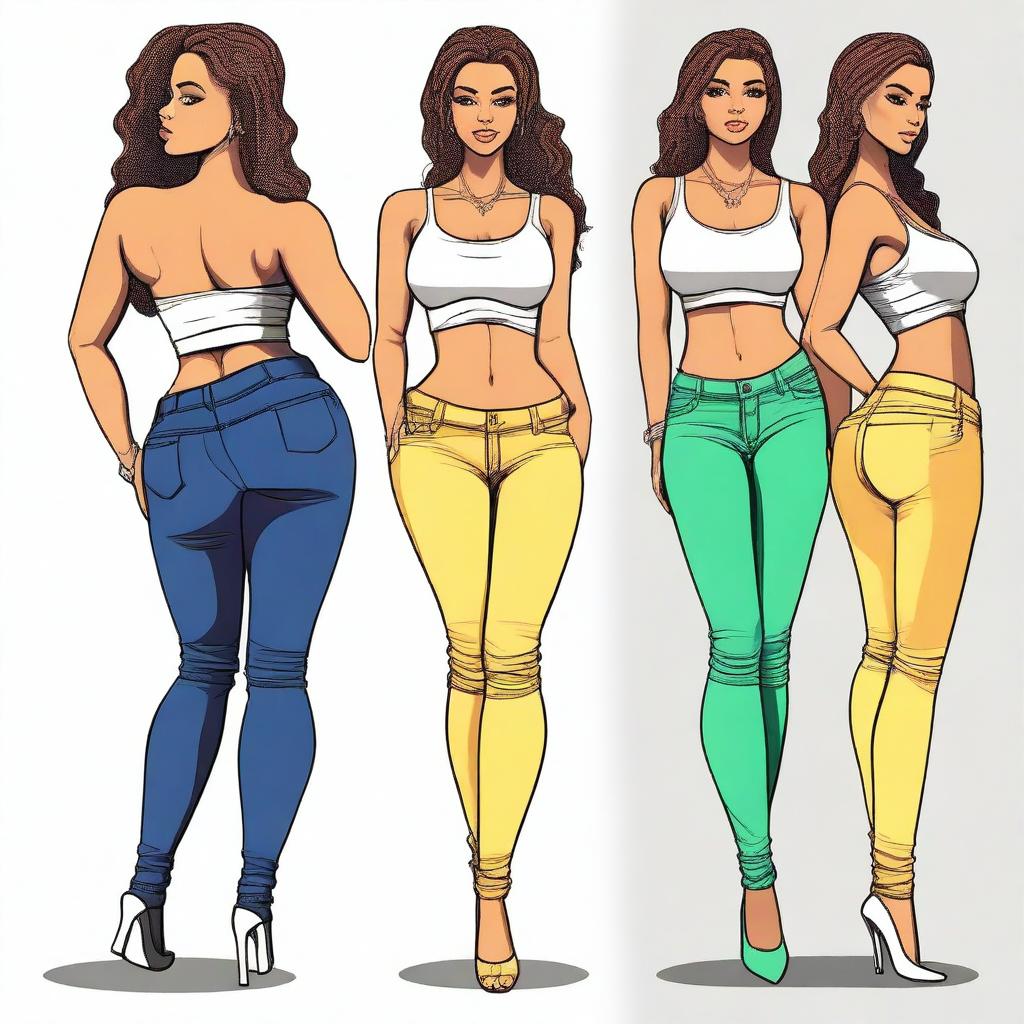 This is a high-quality digital art image of a slim Caucasian young woman with a pronounced lower body