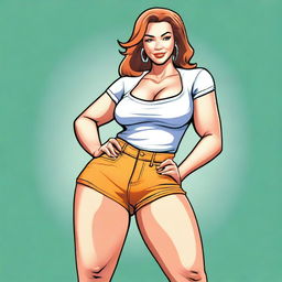 This is a high-quality digital art image of a slim Caucasian young woman with a pronounced lower body