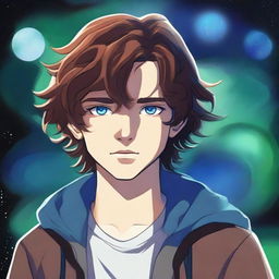 A digital art depiction of a 14-year-old boy with wavy brown hair and striking blue eyes