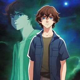 A digital art depiction of a 14-year-old boy with wavy brown hair and striking blue eyes