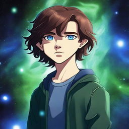 A digital art depiction of a 14-year-old boy with wavy brown hair and striking blue eyes