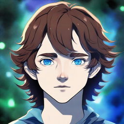 A digital art depiction of a 14-year-old boy with wavy brown hair and striking blue eyes