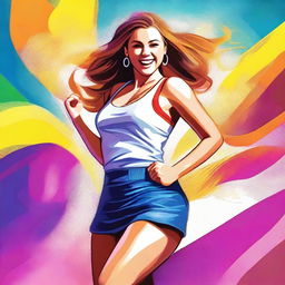 A vibrant, high-quality digital art image depicting a slim Caucasian young woman with a curvy figure