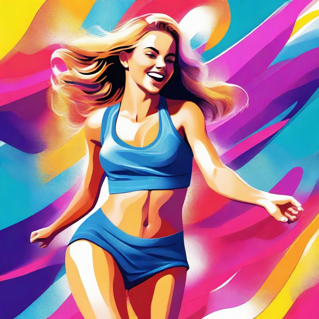 A vibrant, high-quality digital art image depicting a slim Caucasian young woman with a curvy figure