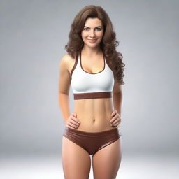 This is a photo-realistic 3D render of a slim Caucasian young woman with brown hair and a curvy figure